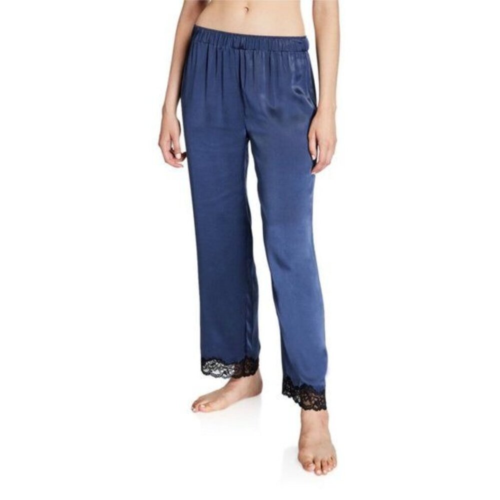 Neiman Marcus Silky Satin Lounge Pants Midnight Blue Black Lace Trim
